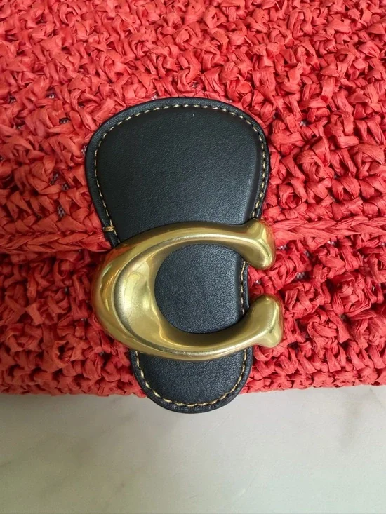 Coach Straw Soft Tabby Shoulder Crossbody Bag Red Orange Black Brass Woven CA032 - Picture 10 of 16